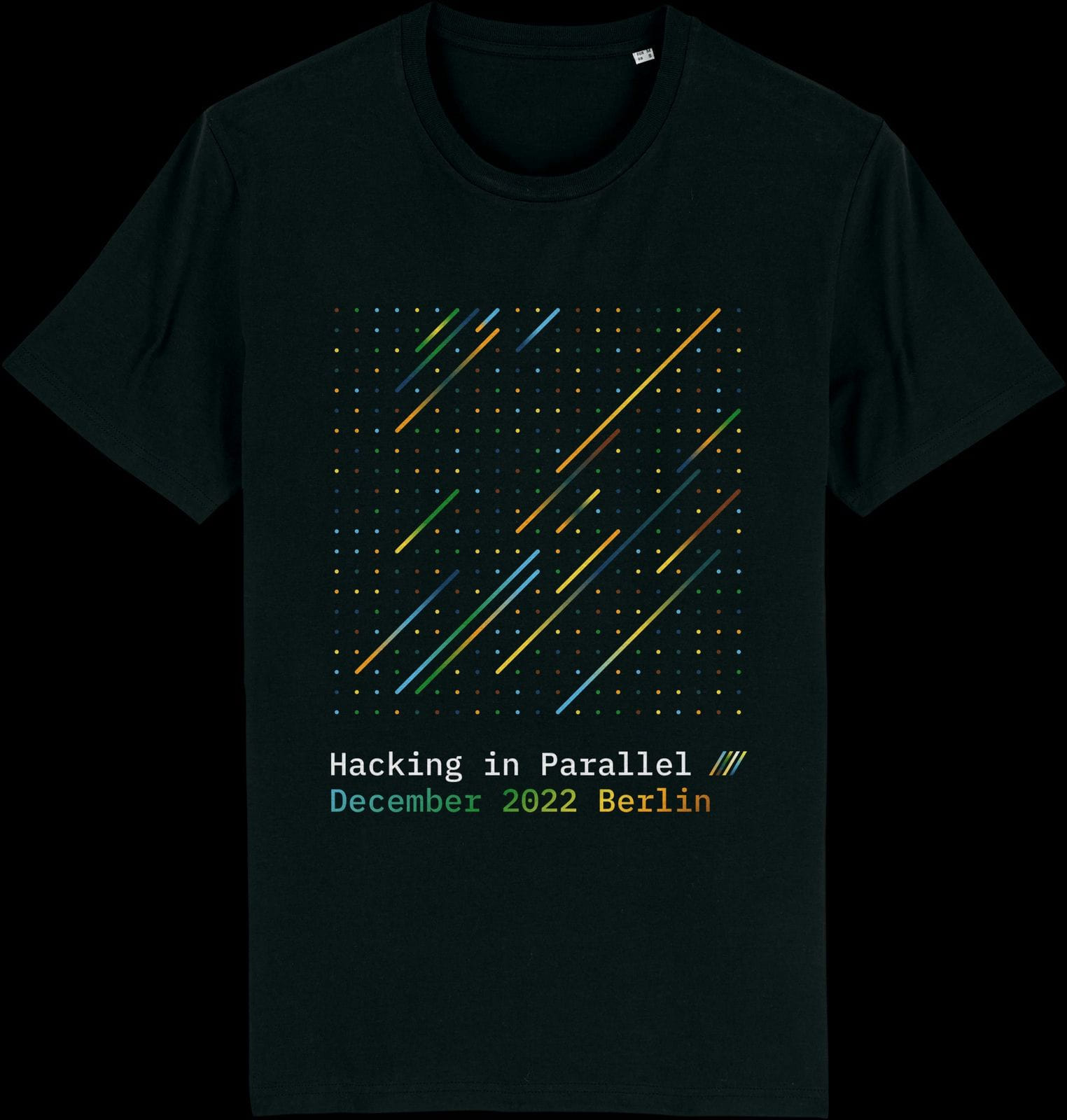 Hacking in Parallel Berlin 2022 Shirt with a colorful print of a geometric grid with several gradient lines going from bottom left to top right on the front of the shirt