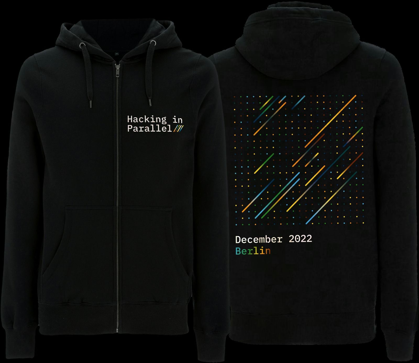 Hacking in Parallel Berlin 2022 Zip Up Hoodie with a colorful print of a geometric grid with several gradient lines going from bottom left to top right